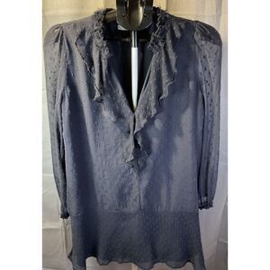 ZARA Women's Navy Semi Sheer Chiffon Ruffle V-Neck‎ Long Sleeved Dot Dress SZ LG